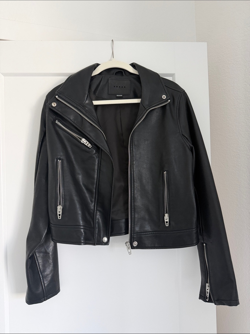 Blank NYC Black Leather Moto Jacket with Silver Zippers